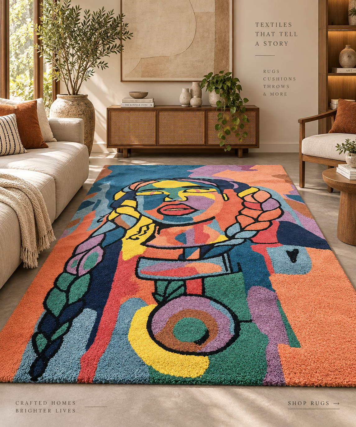 Abstract hand-tufted rug styled in a warm living room